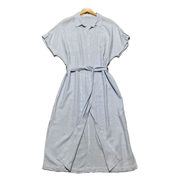 Justfab Striped Linen Blend Shirt Dress Sz XXL Blue White Button-Front Waist Tie - Picture 2 of 9